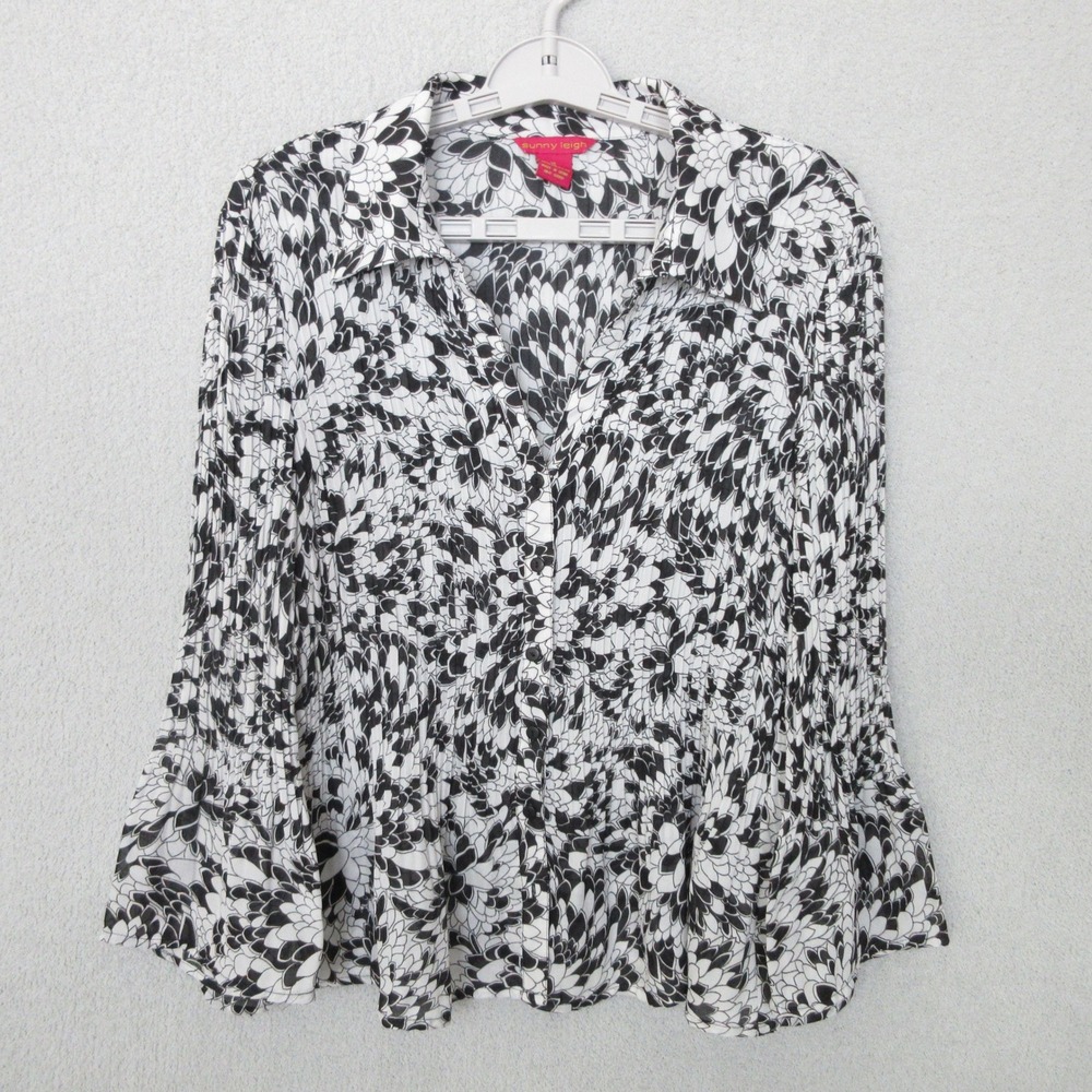 Sunny Leigh Blouse Top Black White Floral Button Up Long Sleeve XL